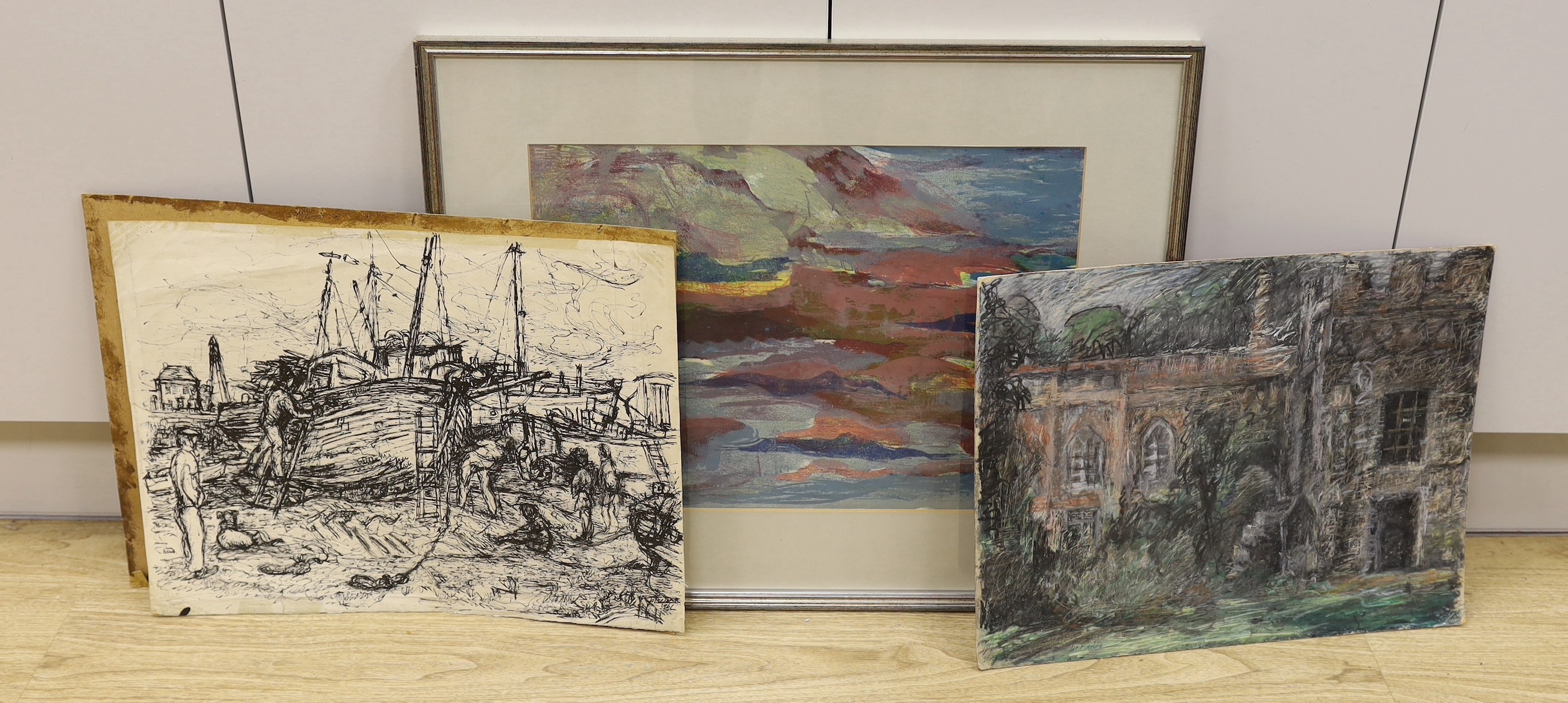 Modern British, artist proof print, Abstract coastal scene, indistinctly signed, 35 x 47cm, together with two unframed drawings